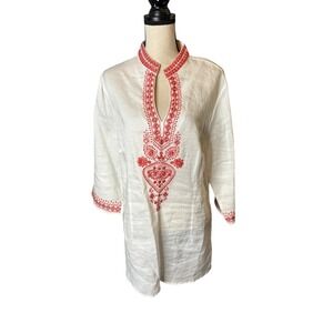 Lino USA Womens 2X Linen Embroidered Tunic Top Boho Chic Blouse